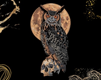 May include: An illustration of an owl perched on a skull, set against a full moon. The owl has detailed feather patterns in black, grey, and orange, with orange eyes. The background is black with gold accents. A gothic or fantasy theme.
