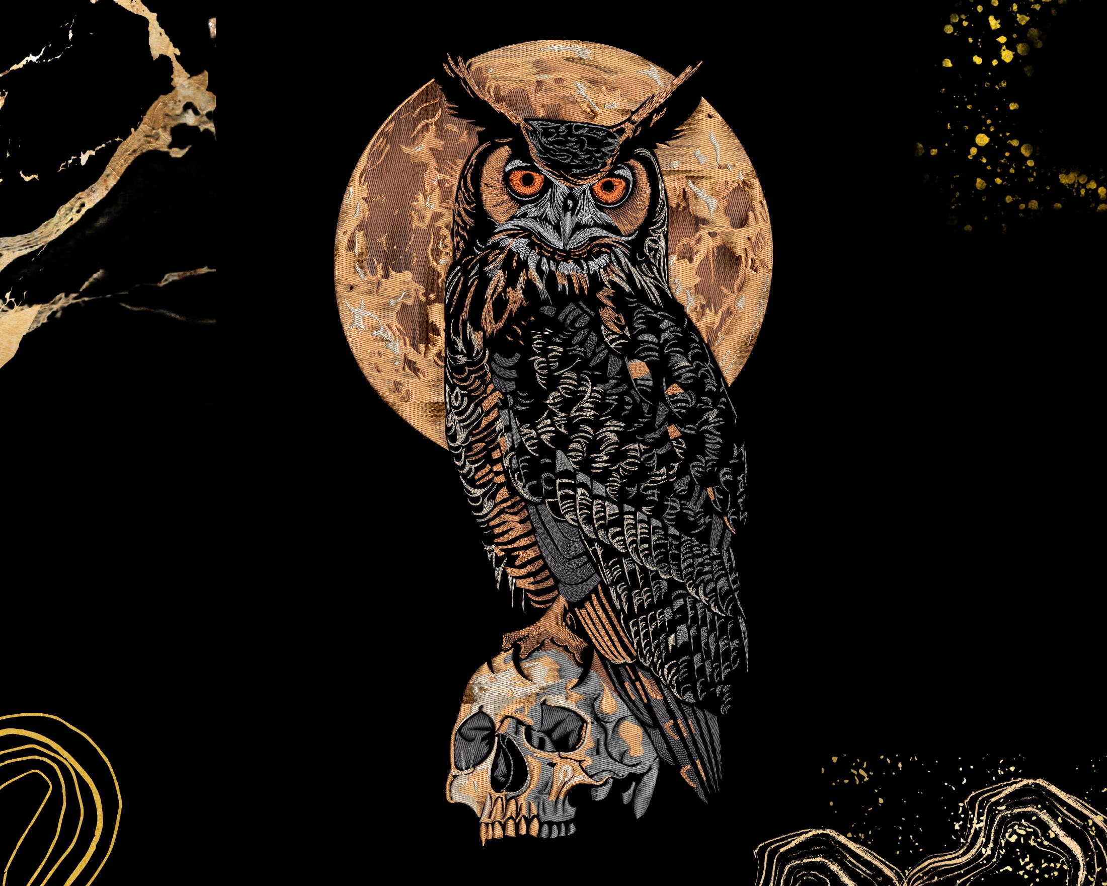 Owl Skull Embroidery Design | Gothic Moon Theme | Jackets Bags Decor | Digital Machine Embroidery Fi