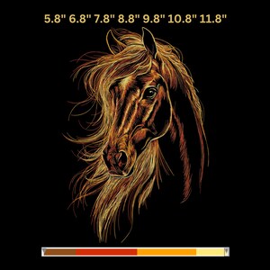 May include: A detailed illustration of a horse's head with a flowing mane, rendered in shades of brown and gold against a black background. The image includes text at the top indicating sizes from 5.8" to 11.8".
