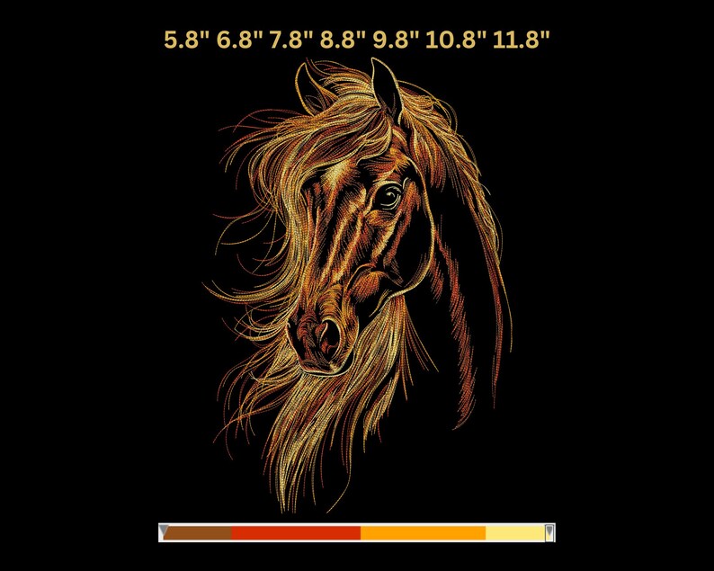 May include: A detailed illustration of a horse's head with a flowing mane, rendered in shades of brown and gold against a black background. The image includes text at the top indicating sizes from 5.8" to 11.8".