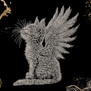 May include: A detailed illustration of a cat with feathered wings, set against a black background with gold accents. The cat is depicted in a seated position, looking upwards. The wings are intricately designed, adding a whimsical touch to the artwork.