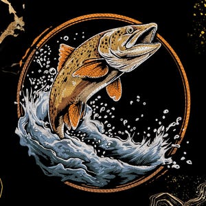 May include: A detailed illustration of a trout leaping from water, surrounded by a circular frame. The fish is brown with orange fins, set against a black background with water splashes. The design has a vintage, embroidered look.