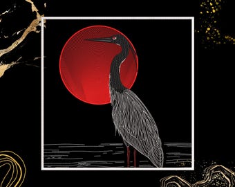 May include: A black and white illustration of a heron standing in water with a red sun behind it.