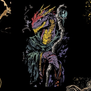Könnte beinhalten: Digitale Illustration einer drachenartigen Kreatur mit Stab, vor schwarzem Hintergrund. Der Drache hat ein rotes, violettes und gelbes Farbschema und trägt einen dunklen Umhang. Der Stab hat eine leuchtende Kugel an der Spitze.
