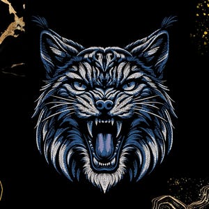 Pode incluir: Uma ilustração estilizada azul e branca de um lince rosnando com uma expressão feroz. A pele do lince é detalhada com padrões e texturas intrincados.