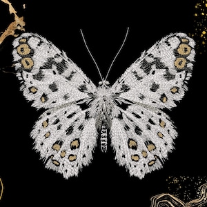 Puede incluir: Ilustración detallada de una mariposa con alas estampadas en blanco y negro, acentuadas con manchas doradas. La mariposa está centrada sobre un fondo negro con diseños abstractos dorados en las esquinas.