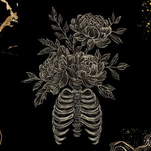 May include: A black background with a gold illustration of a rib cage with flowers and leaves growing from the top. The flowers are detailed with gold lines. Gold accents are in the corners.