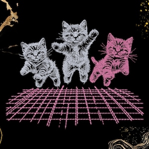 Könnte beinhalten: Drei stilisierte Kätzchen in Silber und Rosa sind über einem rosa Gitter auf schwarzem Hintergrund dargestellt. Die Kätzchen haben Streifenmuster und befinden sich in spielerischen Posen. Goldene und gelbe abstrakte Formen befinden sich in den Ecken.