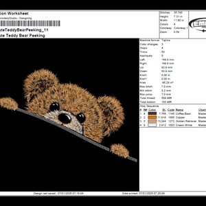 May include: An embroidered design of a cute teddy bear peeking out from a black pocket. The bear has brown fur, black eyes, and a black nose. The design is on a black background with text at the top and right side.
