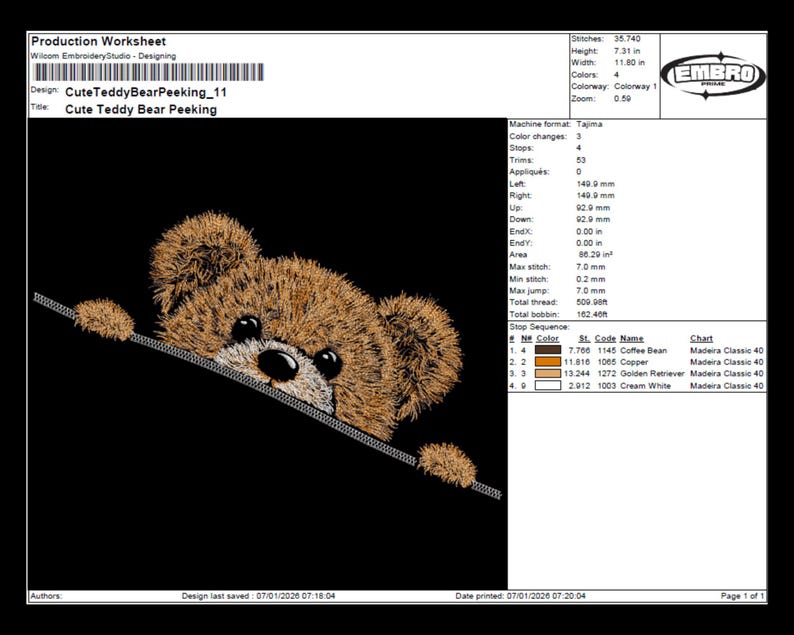 May include: An embroidered design of a cute teddy bear peeking out from a black pocket. The bear has brown fur, black eyes, and a black nose. The design is on a black background with text at the top and right side.