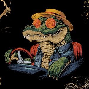 May include: Illustration of an alligator wearing a yellow hat and orange sunglasses, driving a car. The alligator is wearing a denim jacket and a red and orange shirt. The background is black with gold accents.