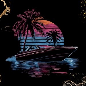 Diseño de bordado de lancha rápida / Crucero oceánico al atardecer neón, escena tropical retro synthwave / Archivo de bordado a máquina (descarga digital)