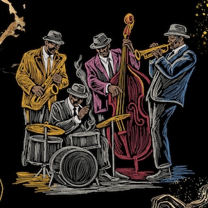 Könnte beinhalten: Illustration einer Jazzband bei einem Auftritt. Die Bandmitglieder tragen Anzüge und Hüte und spielen Saxophon, Trompete, Kontrabass und Schlagzeug. Der Hintergrund ist schwarz mit goldenen Akzenten.