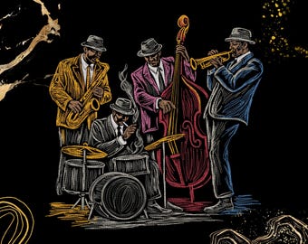 Diseño de bordado de banda de jazz / Cuarteto de músicos de jazz vintage / Ropa para amantes de la música, proyectos de parches / Archivo de bordado digital / Arte de saxofón