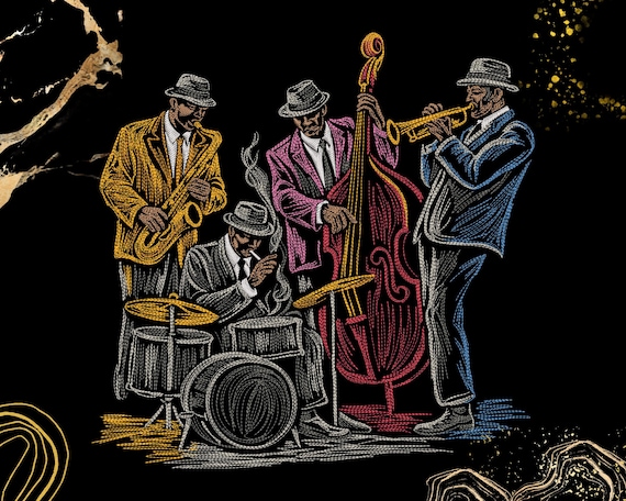 Jazz Band Embroidery Design | Vintage Jazz Musicians Quartet | Music Lover Apparel, Patch Projects | Digital Embroidery File | Saxophone Art