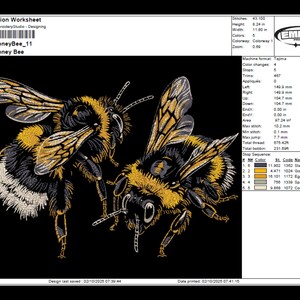 May include: Detailed embroidery design of two honey bees on a black background. The bees feature intricate patterns in shades of gold, black, white, and gray. The design is labeled "Honey Bee" and includes technical specifications for production.