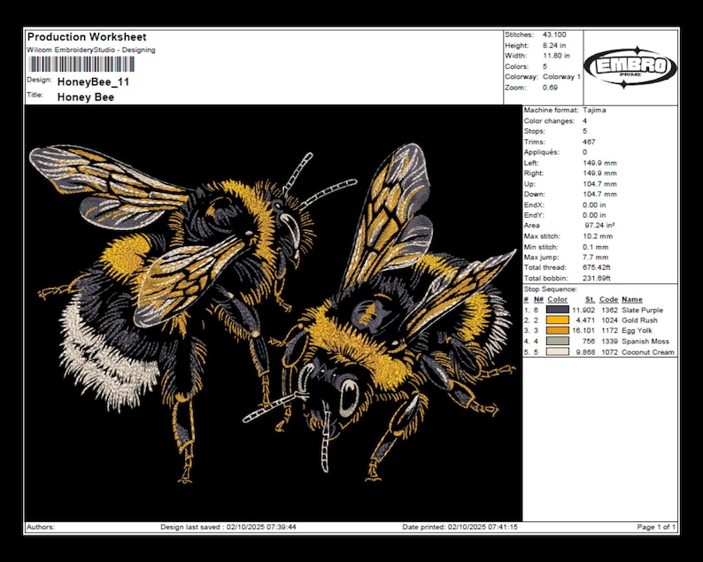 May include: Detailed embroidery design of two honey bees on a black background. The bees feature intricate patterns in shades of gold, black, white, and gray. The design is labeled "Honey Bee" and includes technical specifications for production.