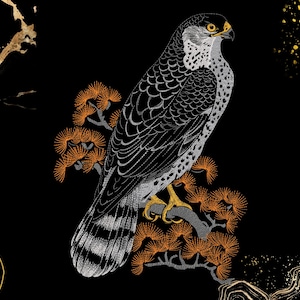 Könnte beinhalten: Eine grafische Illustration eines Falken, der auf einem Kiefernzweig vor schwarzem Hintergrund sitzt. Der Vogel hat ein detailliertes silber-weißes Gefieder mit gelbem Auge und Schnabel. Die Kiefernnadeln sind orange dargestellt, mit goldenen Akzenten.