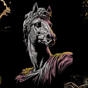 Pode incluir: Ilustração detalhada da cabeça e parte superior do corpo de um cavalo, em branco e rosa sobre um fundo preto. A obra de arte apresenta um trabalho de linha intrincado, com toques de amarelo e dourado. O cavalo tem uma aparência régia.
