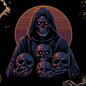 Może przedstawiać: Ciemna ilustracja przedstawiająca postać w kapturze ze świecącymi pomarańczowymi oczami, trzymającą trzy ludzkie czaszki. Postać znajduje się na tle dużego, okrągłego, słonecznego tła z abstrakcyjnymi złotymi wzorami linii po bokach.