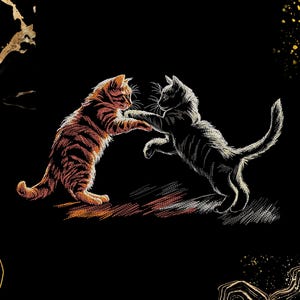 May include: Illustration of two cats in a playful pose, set against a black background with gold accents. One cat is orange with black stripes, the other is gray with white stripes. The cats appear to be interacting.