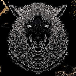 May include: A detailed black and white illustration of a wolf's head with an open mouth, baring its teeth. The wolf's fur is depicted with intricate, swirling lines. The background is black with gold accents.