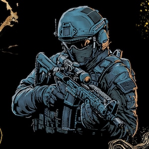 Pode incluir: Ilustração de um soldado em equipamento tático, segurando um rifle com mira. O soldado usa capacete, máscara facial e uniforme azul. Um patch da bandeira americana é visível. Fundo preto com detalhes dourados.