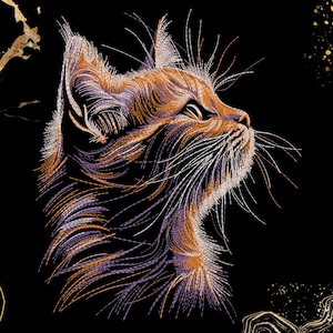 Puede incluir: Ilustración artística del perfil de un gato, con líneas intrincadas en tonos naranja, morado y blanco sobre un fondo negro. El pelaje del gato parece texturizado, con una mirada enfocada. La obra tiene un estilo moderno y decorativo.