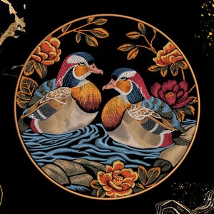 May include: Embroidered circular design featuring two mandarin ducks on a blue water surface, surrounded by orange and red flowers and foliage. The ducks have colorful plumage, set against a black background with gold accents.