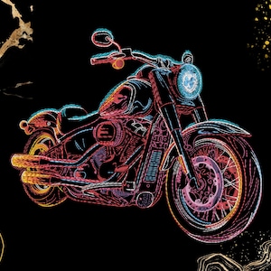 Op de afbeelding: Een neon-stijl illustratie van een motorfiets tegen een zwarte achtergrond. De motorfiets is omlijnd in levendige kleuren, waaronder rood, oranje, blauw en paars. Het ontwerp benadrukt de details van de fiets, zoals de wielen, motor en het stuur.