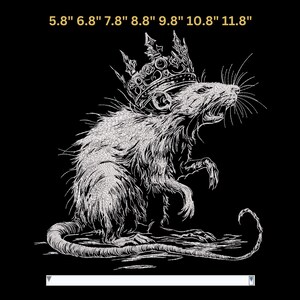 May include: A detailed black and white illustration of a rat wearing a crown. The rat is depicted with its mouth open, and its fur is textured. The image includes the text "5.8" 6.8" 7.8" 8.8" 9.8" 10.8" 11.8"" at the top.