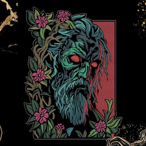 May include: An embroidered patch featuring a bearded figure with teal and dark green hair and beard, glowing red eyes, and a red rectangular background. The figure is framed by brown vines and pink flowers on a black background with gold accents.