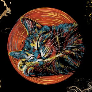 May include: A colorful illustration of a sleeping cat, rendered in a vibrant mix of blues, yellows, reds, and whites. The cat is curled up, resting on a circular orange background with a black backdrop. The artwork has a detailed, textured appearance.