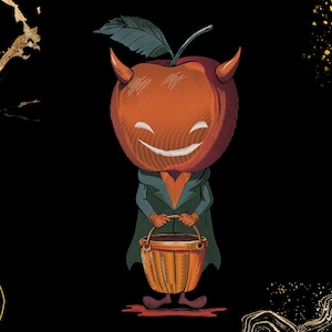 May include: A cartoon illustration of a devil-like apple character with horns, a smiling face, and a green cape, carrying a bucket. The image has a vintage comic style with a black background and gold details.