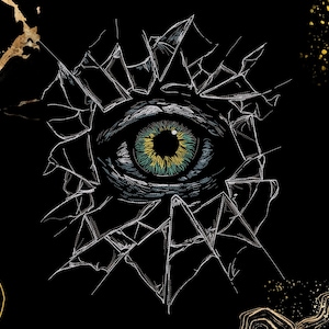 May include: Digital artwork depicting an eye with a green and yellow iris, surrounded by broken glass fragments. The image is set on a black background with gold abstract shapes, creating a striking visual contrast.