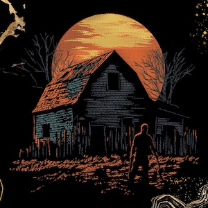 May include: An illustration of a dilapidated barn beneath a large orange moon. A figure stands in front of the barn. The colour scheme is mainly black, orange, and teal, creating a spooky, yet artistic atmosphere. The image evokes a sense of mystery and foreboding.