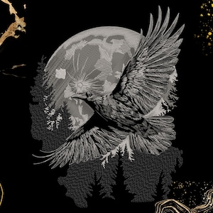 May include: A monochrome illustration featuring a raven in flight, with a full moon and forest silhouette in the background. The raven's wings are outstretched, showing detailed feathering. The background is black with gold accents.