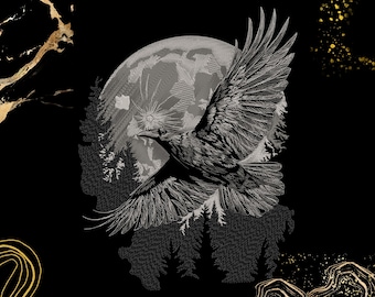 May include: A monochrome illustration featuring a raven in flight, with a full moon and forest silhouette in the background. The raven's wings are outstretched, showing detailed feathering. The background is black with gold accents.
