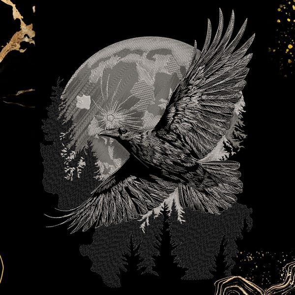 Flying Raven Embroidery Design | Moon & Forest Scene | Jackets Bags Decor | Digital Machine Embroidery File | Gothic Wildlife Art | Exp, Dst