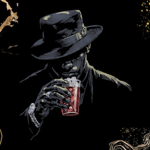 Könnte beinhalten: Schwarz-Weiß-Illustration einer Person mit Fedora-Hut, die einen roten Cocktail in einem Glas hält. Goldakzente auf schwarzem Hintergrund. Die Person trägt einen Anzug und Schmuck.