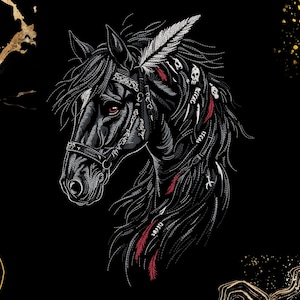 May include: A detailed illustration of a black horse's head with red eyes, adorned with feathers, skulls, and decorative elements. The horse is wearing a bridle. The background is black with gold accents.