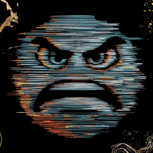 May include: Digital art of an angry face with a glitch effect. The face is composed of horizontal lines in shades of blue, orange, and white against a black background. The eyes are furrowed, and the mouth is curved downward.
