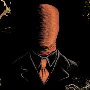 May include: A digital illustration featuring a faceless figure with a textured, copper-colored head wrapped in fabric, wearing a dark suit and a matching copper-colored necktie. The background is black with abstract gold-colored line art accents.