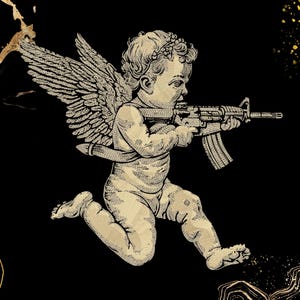 May include: A digital illustration of a cherubic figure with wings, holding a rifle, against a black background with gold accents. The cherub is depicted in a vintage style, with detailed shading and lines.