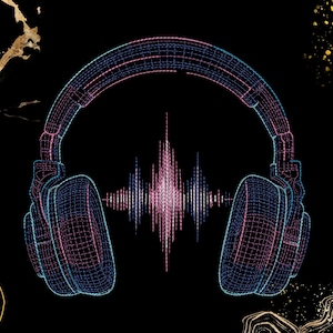 May include: A digital illustration of headphones with a wireframe design in blue and pink hues. A sound wave graphic is centered between the earcups. The background is black with gold and white abstract shapes.