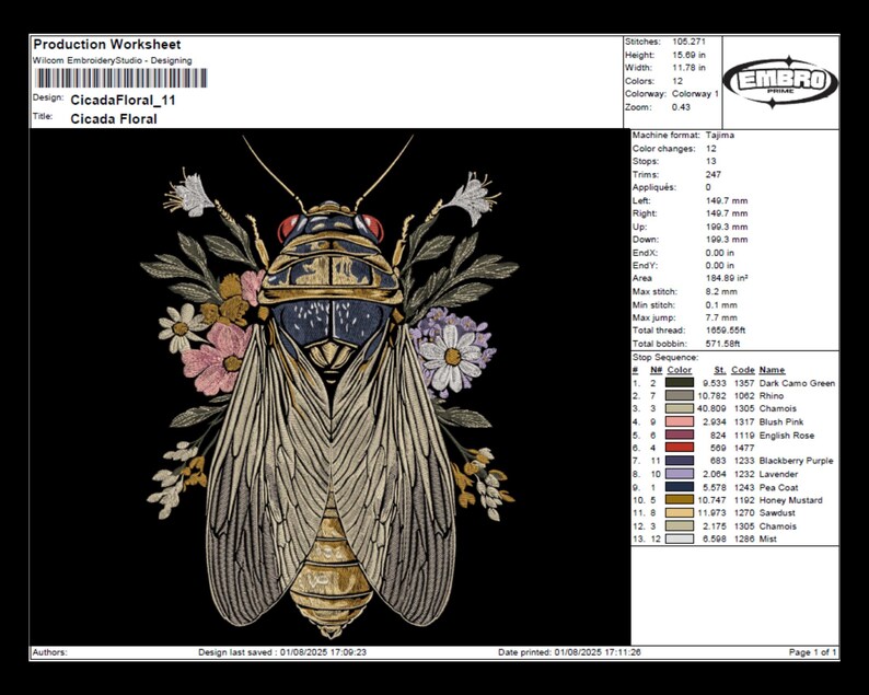 Cicada Embroidery Design | Floral Insect Theme | Jacket Back Patch or ...