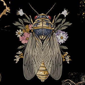 May include: Embroidered cicada insect design with floral accents in pink, white, and yellow on a black background. The insect has detailed wings and a golden body. The artwork has a vintage, botanical theme.