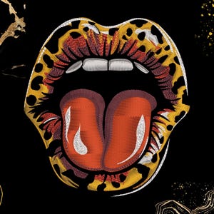 May include: An embroidered design of open lips with a protruding tongue. The lips are outlined in black and feature a leopard print pattern in yellow and brown. The tongue is orange with white highlights, set against a black background.