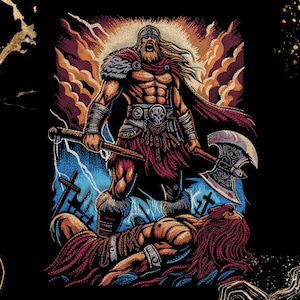 May include: A graphic illustration featuring a standing warrior in a horned helmet and fur-trimmed armor holding a large battle axe. A fallen figure with long red hair lies at the warrior's feet against a backdrop of blue lightning and clouds.
