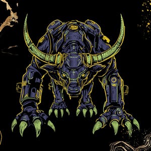 May include: A stylized illustration of a black and green mechanical bull with glowing yellow accents. The bull is depicted in a charging pose with its horns pointed forward.